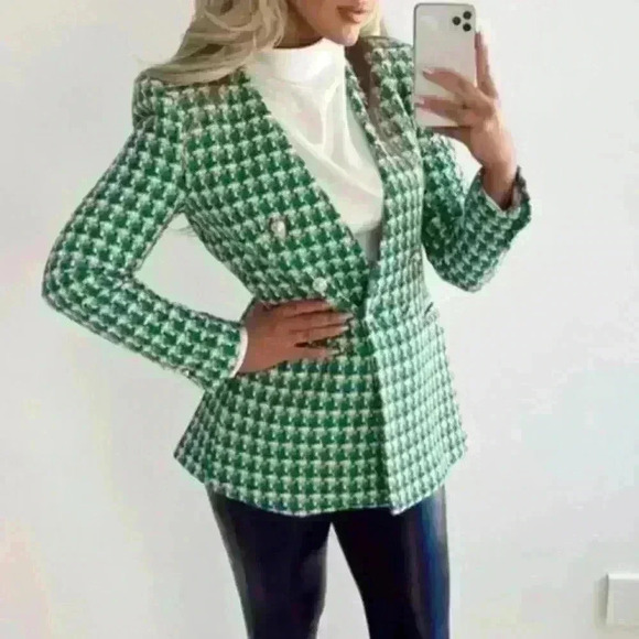 Blogger Favorite Green Zara Woven Textured Double Breasted Tweed Blazer Size S - Picture 12 of 13